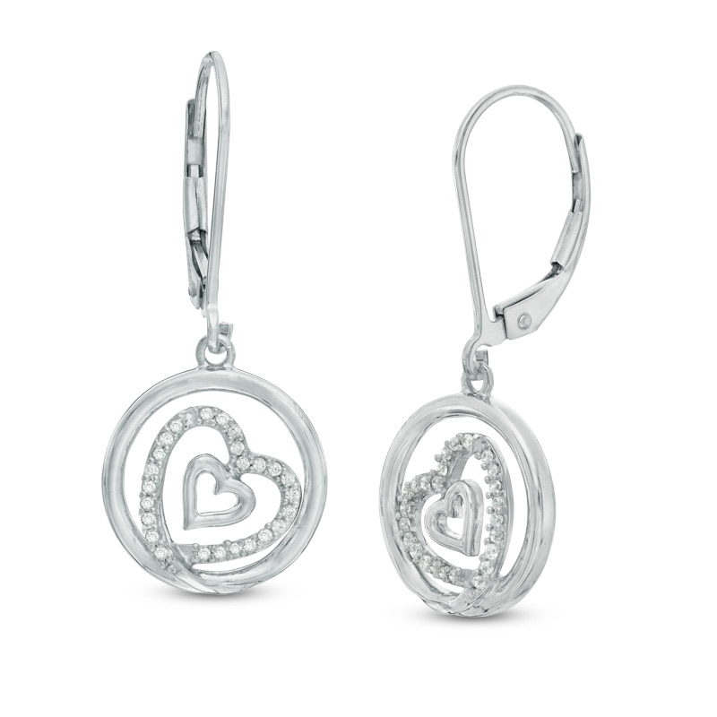 0.15 CT. T.W. Diamond Tilted Double Heart in Circle Drop Earrings in Sterling Silver