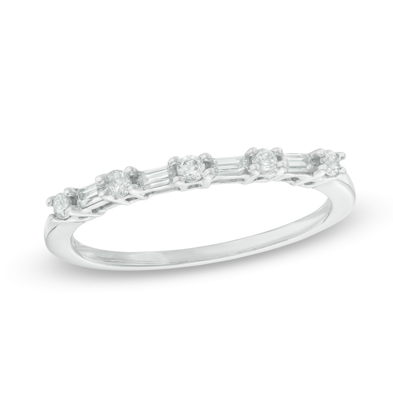 0.18 CT. T.W. Baguette and Round Diamond Alternating Anniversary Band in 10K White Gold