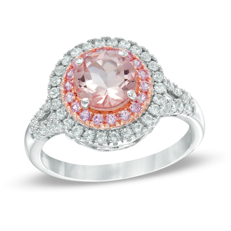 7.0mm Lab-Created Pink and White Sapphire Double Frame Ring in Sterling Silver and 14K Rose Gold Plate