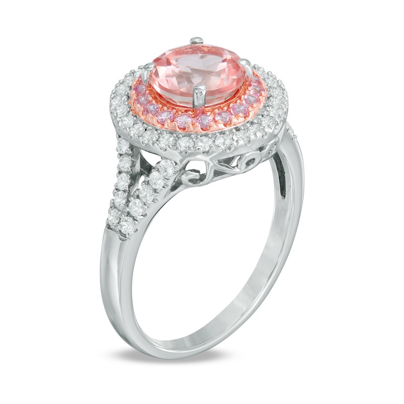 7.0mm Lab-Created Pink and White Sapphire Double Frame Ring in Sterling Silver and 14K Rose Gold Plate