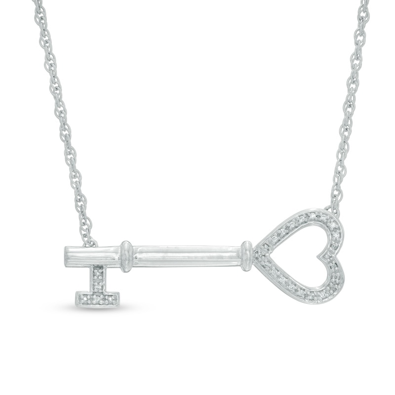 Diamond Accent Sideways Key Necklace in Sterling Silver - 16.75"