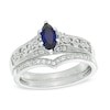 Thumbnail Image 0 of Marquise Lab-Created Blue Sapphire and 0.18 CT. T.W. Diamond Vintage-Style Bridal Set in 10K White Gold