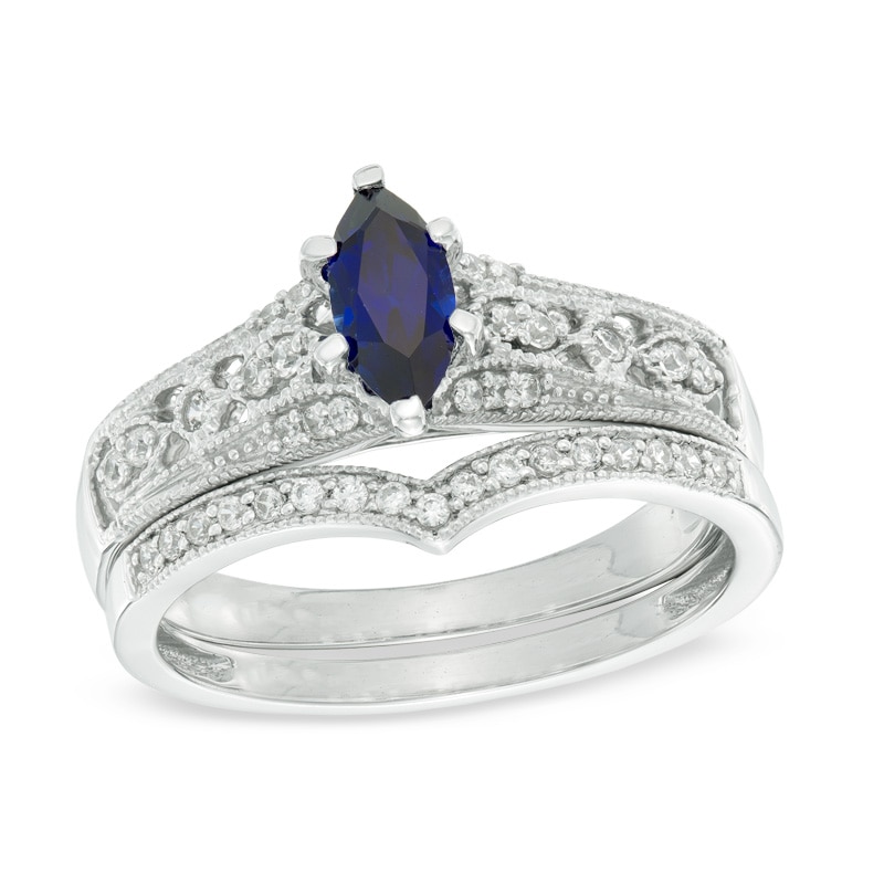 Marquise Lab-Created Blue Sapphire and 0.18 CT. T.W. Diamond Vintage-Style Bridal Set in 10K White Gold