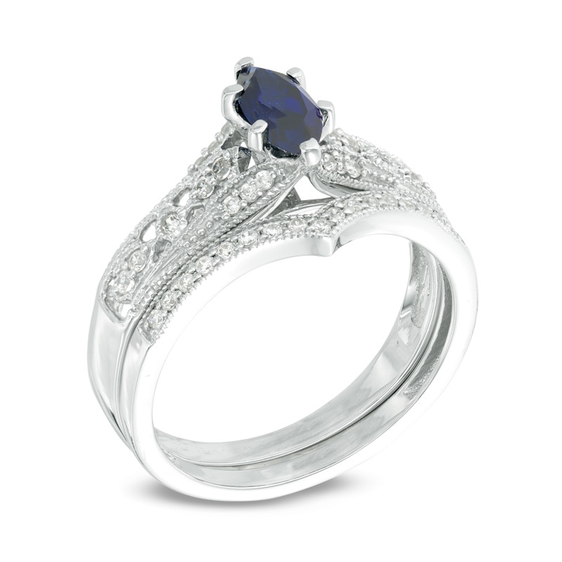 Marquise Lab-Created Blue Sapphire and 0.18 CT. T.W. Diamond Vintage-Style Bridal Set in 10K White Gold