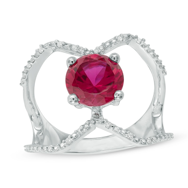 7.5mm Lab-Created Ruby and Diamond Accent Orbit Ring in Sterling Silver