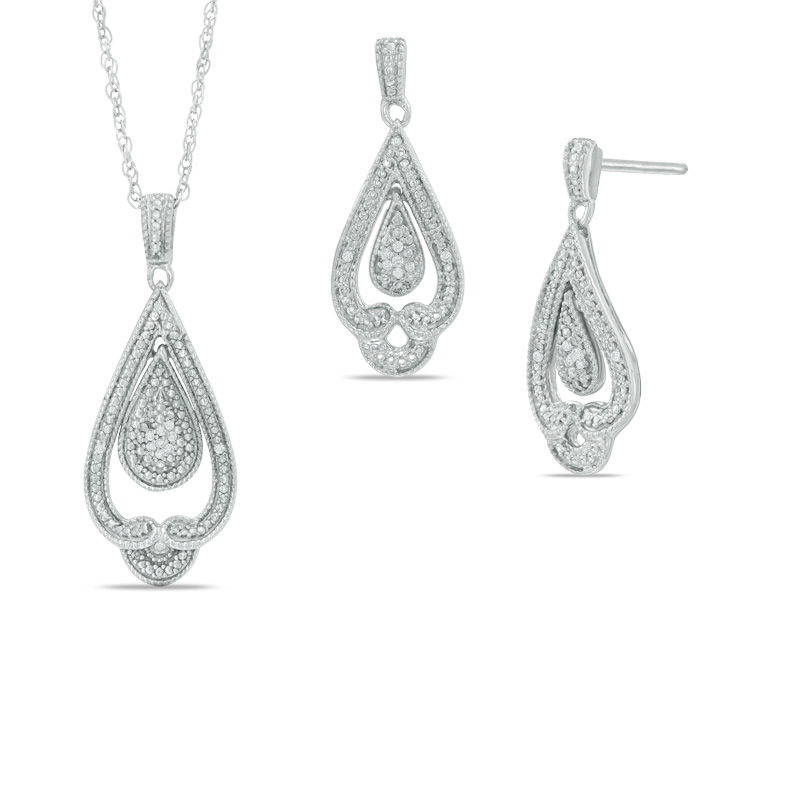 Diamond Accent Teardrop Vintage-Style Pendant and Earrings Set in Sterling Silver