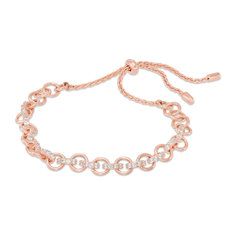 Lab-Created White Sapphire Open Link Bolo Bracelet in Sterling Silver and 18K Rose Gold Plate - 9.0"