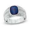 Thumbnail Image 0 of Men's Cushion-Cut Simulated Blue Star Glass and Diamond Accent Ring in 10K White Gold