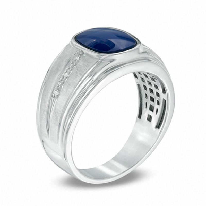 Men's Cushion-Cut Simulated Blue Star Glass and Diamond Accent Ring in 10K White Gold