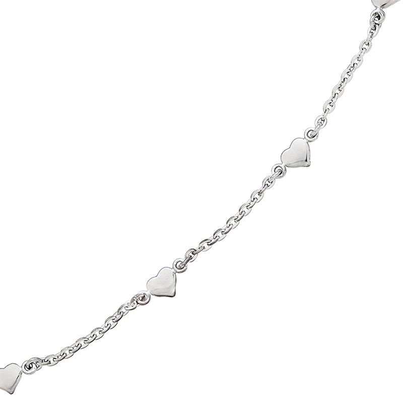 Polished Puff Heart Station Anklet in Sterling Silver - 10"