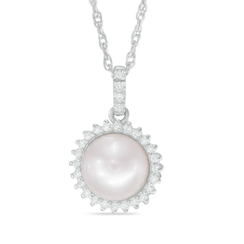 Vera Wang LOVE 7.5 - 8.0mm Cultured Akoya Pearl and Diamond Accent Frame Pendant in 14K White Gold