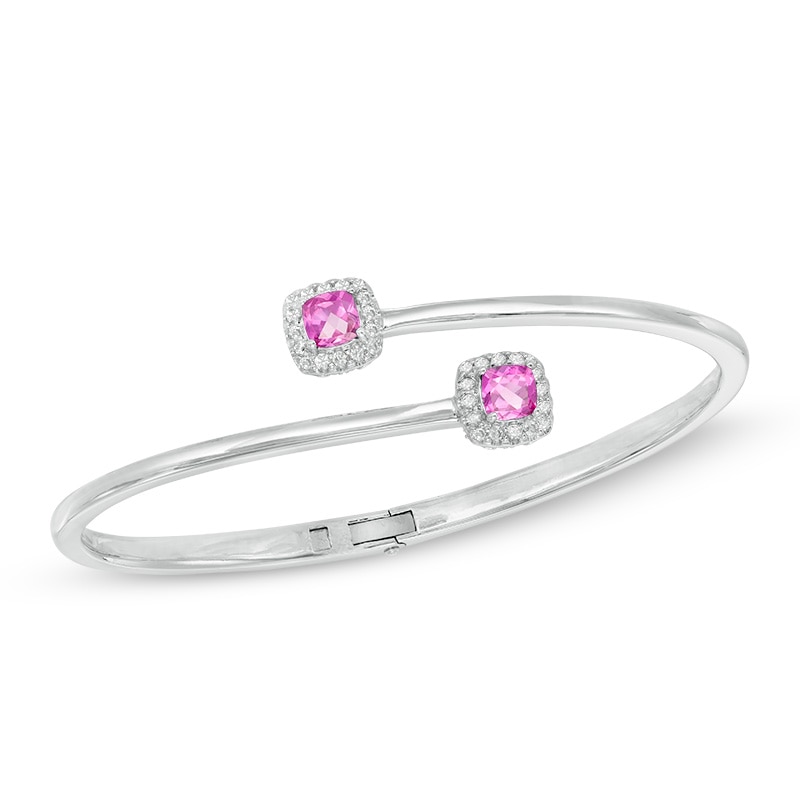 5.0mm Cushion-Cut Lab-Created Pink and White Sapphire Frame Hinged Bangle in Sterling Silver