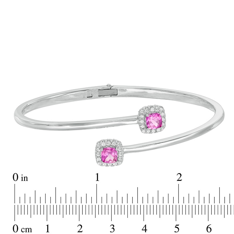 5.0mm Cushion-Cut Lab-Created Pink and White Sapphire Frame Hinged Bangle in Sterling Silver