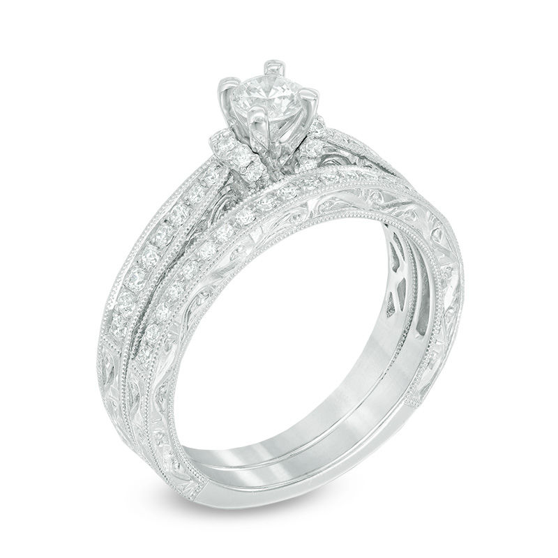 0.58 CT. T.W. Diamond Vintage-Style Bridal Set in 10K White Gold