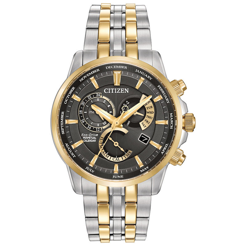 Men's Citizen Eco-Drive® Calibre 8700 Perpetual Calendar Two-Tone Watch with Black Dial (Model: BL8144-54H)