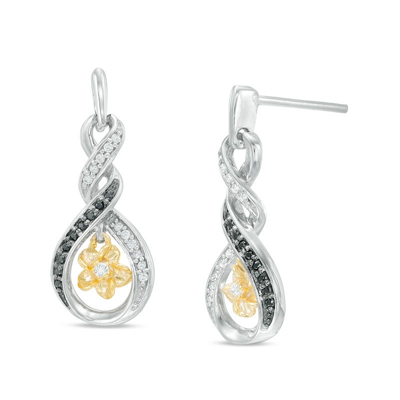 0.18 CT. T.W. Enhanced Black and White Diamond Infinity Flower Drop Earrings in Sterling Silver and 10K Gold