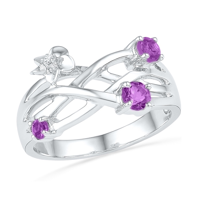 Amethyst and Diamond Accent Layered Crossover Flower Ring in Sterling Silver