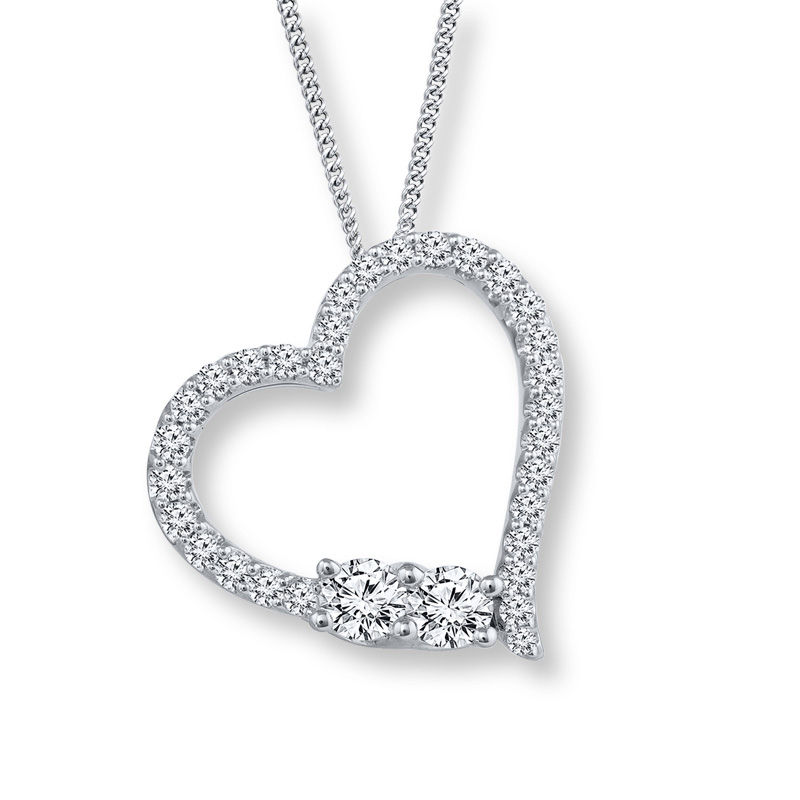 Ever Us™ 0.50 CT. T.W. Two-Stone Diamond Tilted Heart Necklace in 14K White Gold - 19"