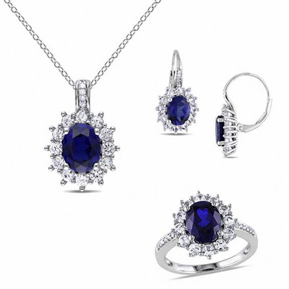 Image result for Oval Lab-Created Blue and White Sapphire with Diamond Accent Frame Pendant, Ring and Earrings Set in Sterling Silver peoples jewellers