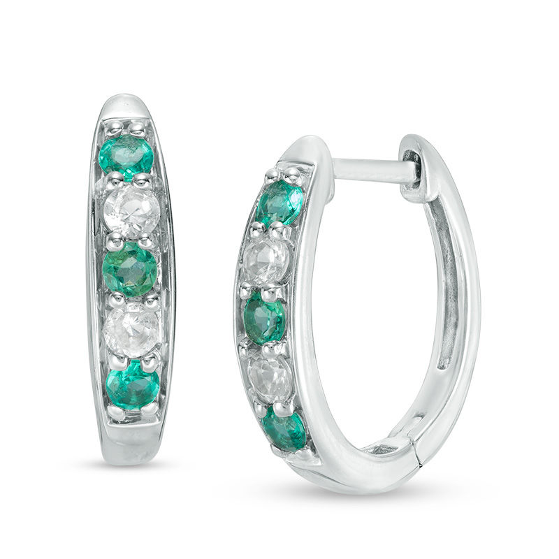 Lab-Created Emerald and White Sapphire Hoop Earrings in Sterling Silver
