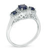Thumbnail Image 1 of 5.0mm Lab-Created Blue and White Sapphire Frame Three Stone Ring in 10K White Gold