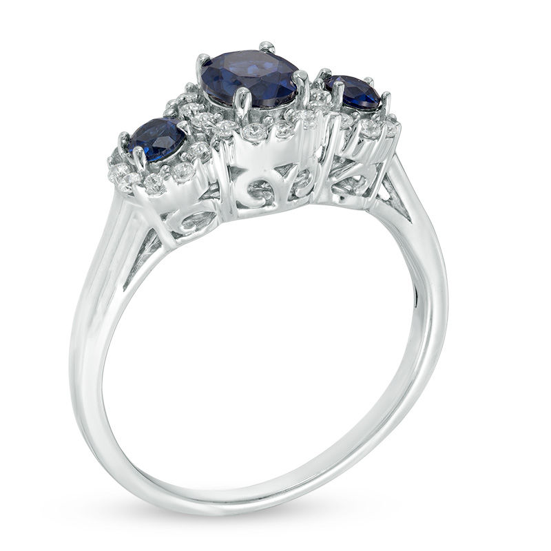 5.0mm Lab-Created Blue and White Sapphire Frame Three Stone Ring in 10K White Gold