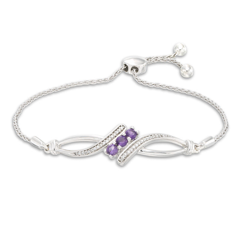 Amethyst and 0.09 CT. T.W. Diamond Three Stone Bypass Bolo Bracelet in Sterling Silver - 9.5"