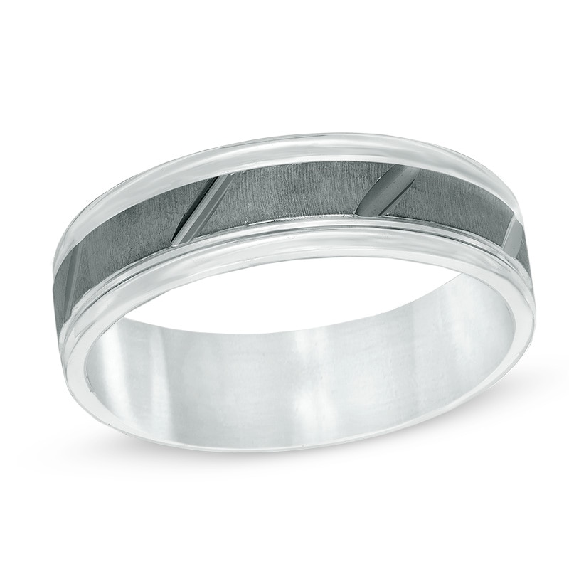 Men's 6.0mm Slanted Groove Band in Sterling Silver with Black Rhodium