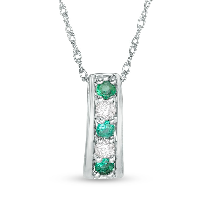 Lab-Created Emerald and White Sapphire Linear Five Stone Pendant in Sterling Silver