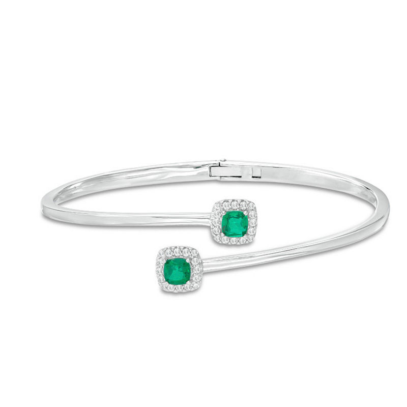 5.0mm Cushion-Cut Green Quartz Doublet and Lab-Created White Sapphire Frame Bypass Bangle in Sterling Silver