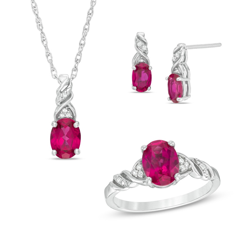 Oval Lab-Created Ruby and White Sapphire Pendant, Ring and Earrings Set in Sterling Silver - Size 7