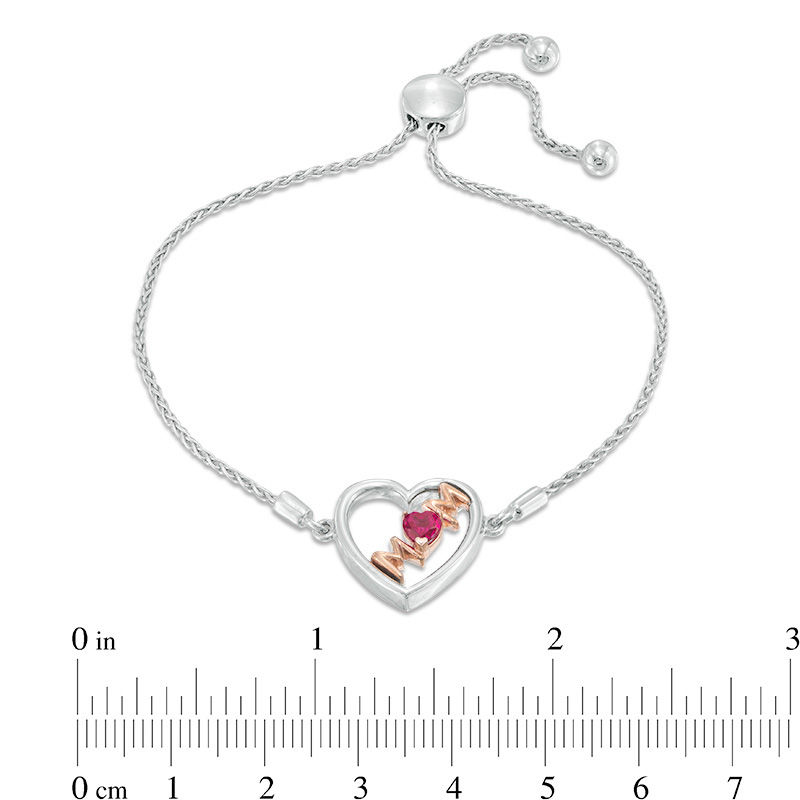4.0mm Lab-Created Ruby Tilted Heart with "MOM" Bolo Bracelet in Sterling Silver and 10K Rose Gold - 9.5"