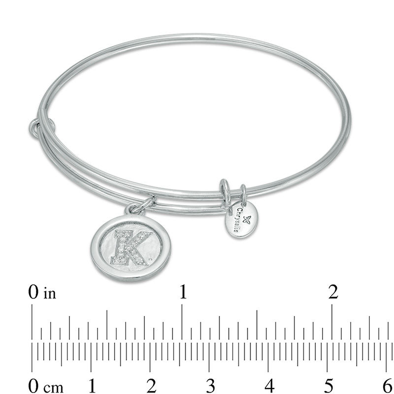 Chrysalis Cubic Zirconia "K" Initial Charm Adjustable Bangle in White Brass