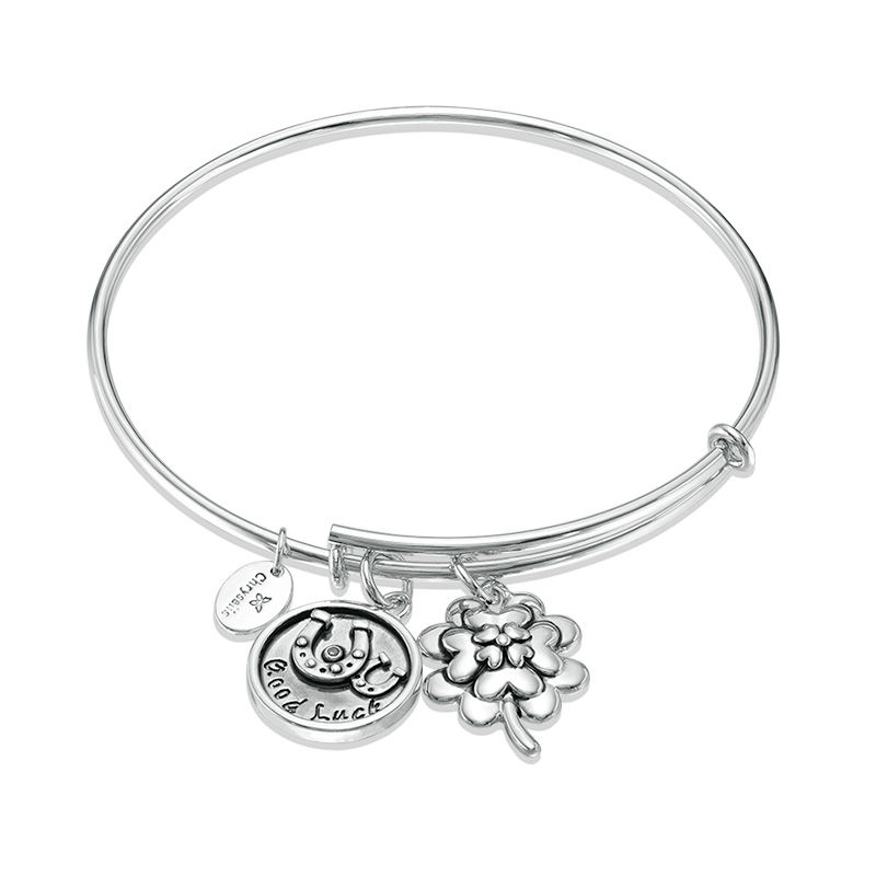 Chrysalis Cubic Zirconia "Good Luck" Charms Adjustable Bangle in White Brass
