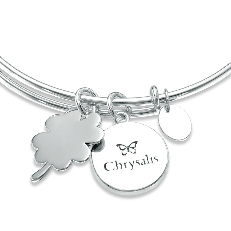 Chrysalis Cubic Zirconia "Good Luck" Charms Adjustable Bangle in White Brass
