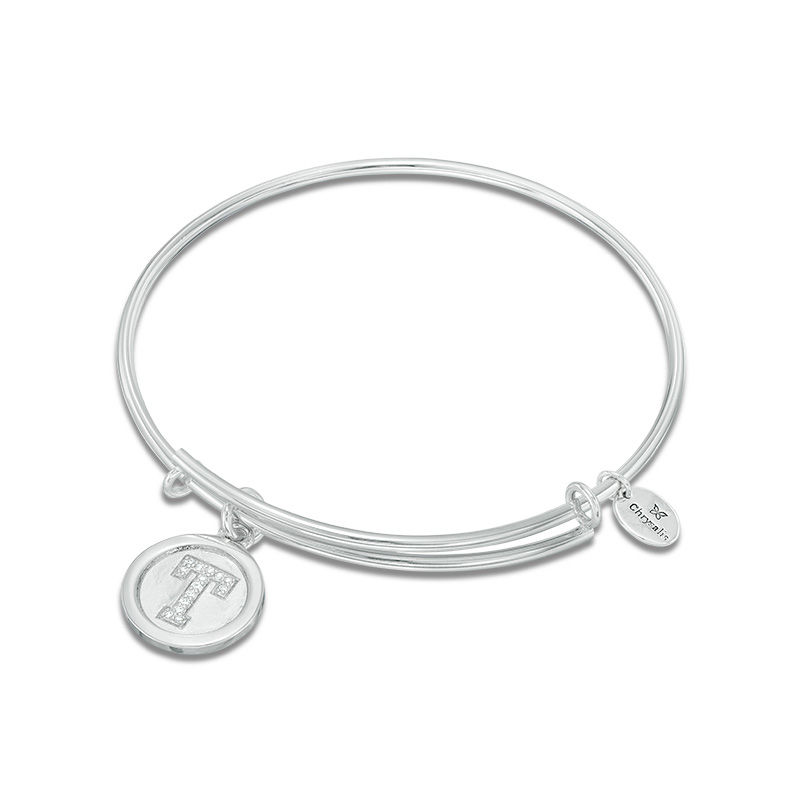 Chrysalis Cubic Zirconia "T" Initial Charm Adjustable Bangle in White Brass