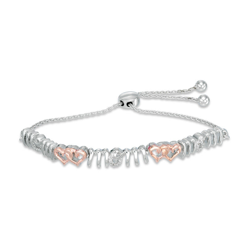 Diamond Accent Interlocking Hearts "MOM" Bolo Bracelet in Sterling Silver and 10K Rose Gold - 9.5"