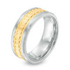 Thumbnail Image 1 of Men's 8.0mm Gear Textured Wedding Band in Stainless Steel and Yellow IP - Size 10