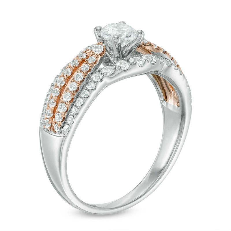 0.95 CT. T.W. Diamond Multi-Row Split Shank Comfort Fit Engagement Ring in 14K Two-Tone Gold