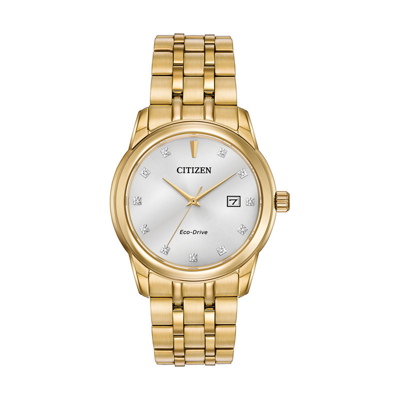 Men's Citizen Eco-Drive® Diamond Accent Gold-Tone Watch with Silver Tone Dial (Model: BM7342-50A)