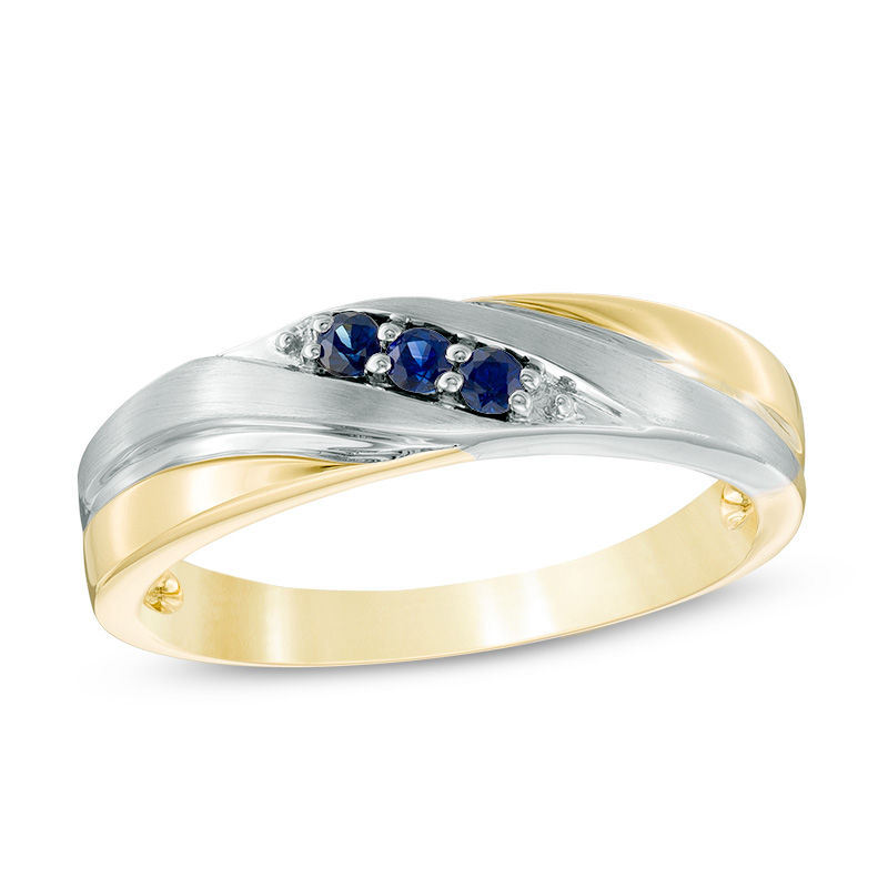 Ladies' Blue Sapphire Three Stone Slant Wedding Band in 10K Two-Tone Gold
