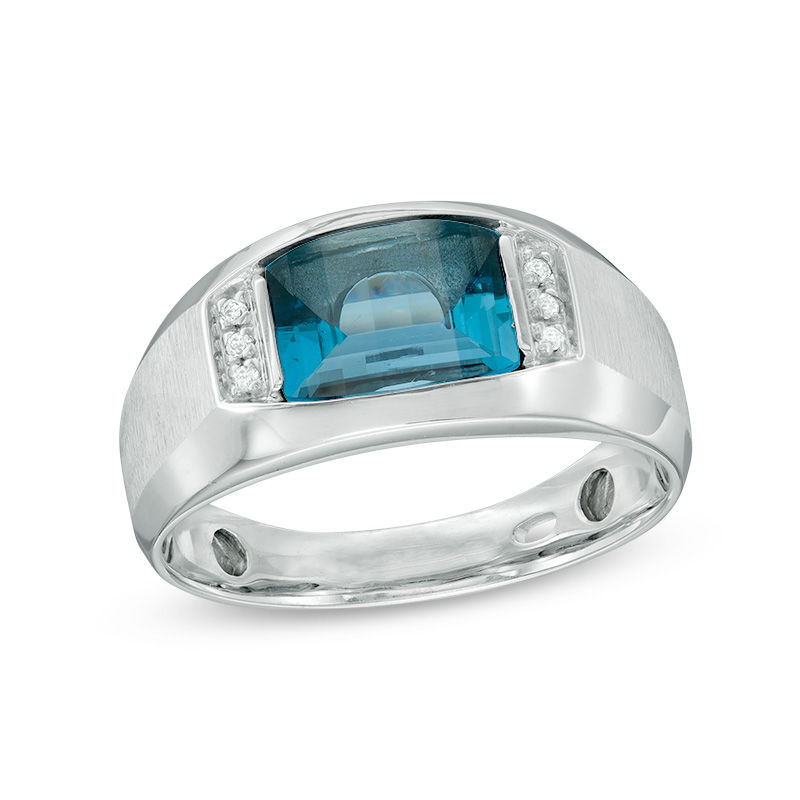 Men's Barrel-Cut London Blue Topaz and Diamond Accent Ring in 10K White Gold