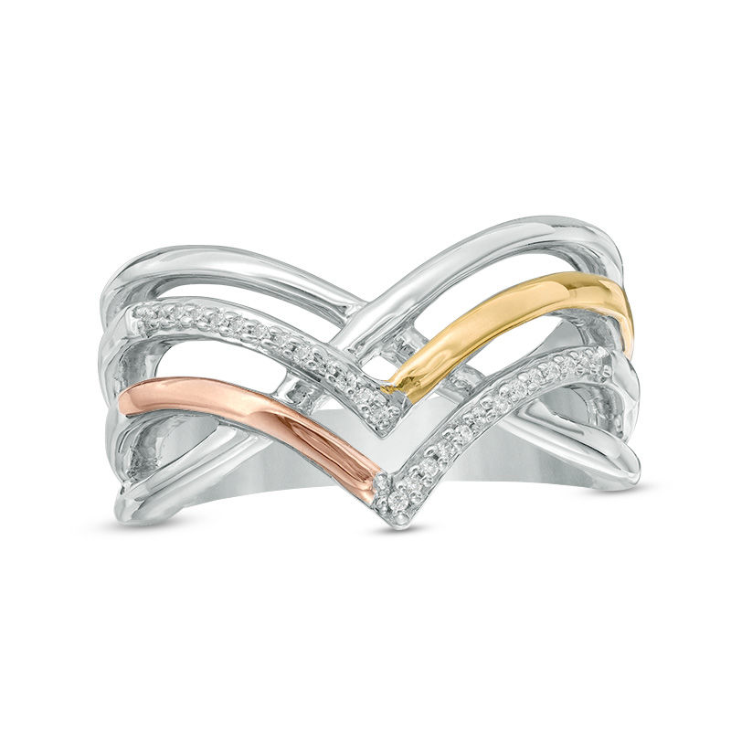 Diamond Accent Crossover Chevron Ring in Sterling Silver and 10K Two-Tone Gold