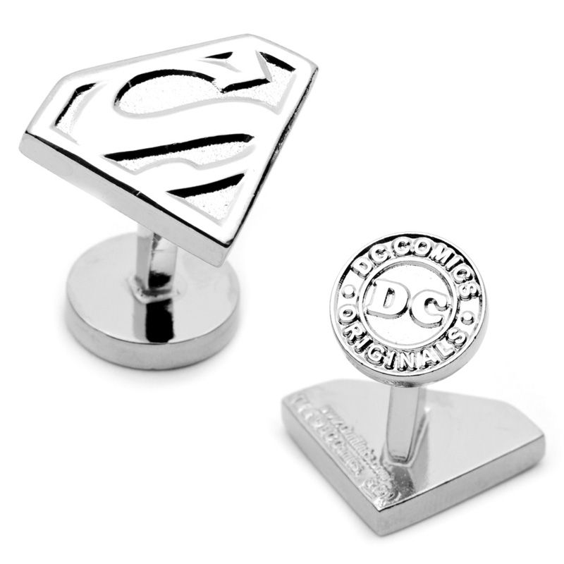Men's DC Comics Superman Shield Silver Enamel Cuff Links in White Rhodium Brass