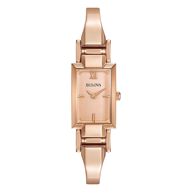 Ladies' Bulova Rose-Tone Bangle Watch with Rectangular Champagne Dial (Model: 97L157)