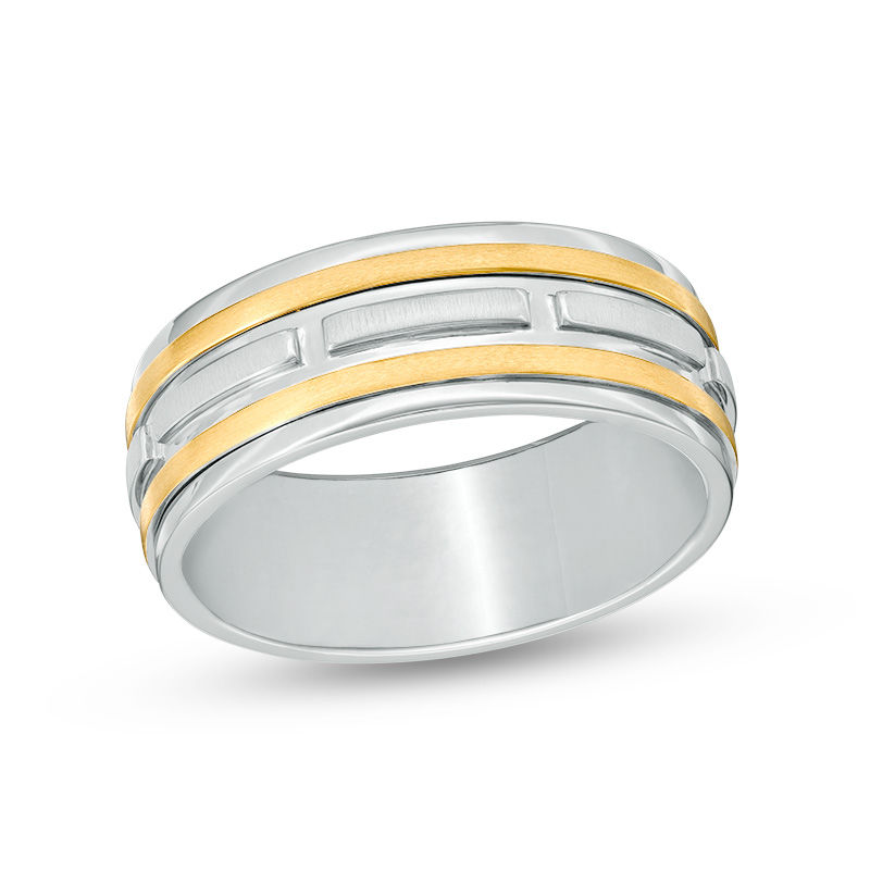 Men's 8.0mm Brick Patterned Comfort Fit Wedding Band in 14K Two-Tone Gold - Size 10