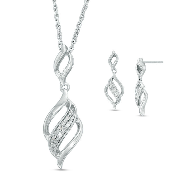Diamond Accent Flame Pendant and Drop Earrings Set in Sterling Silver