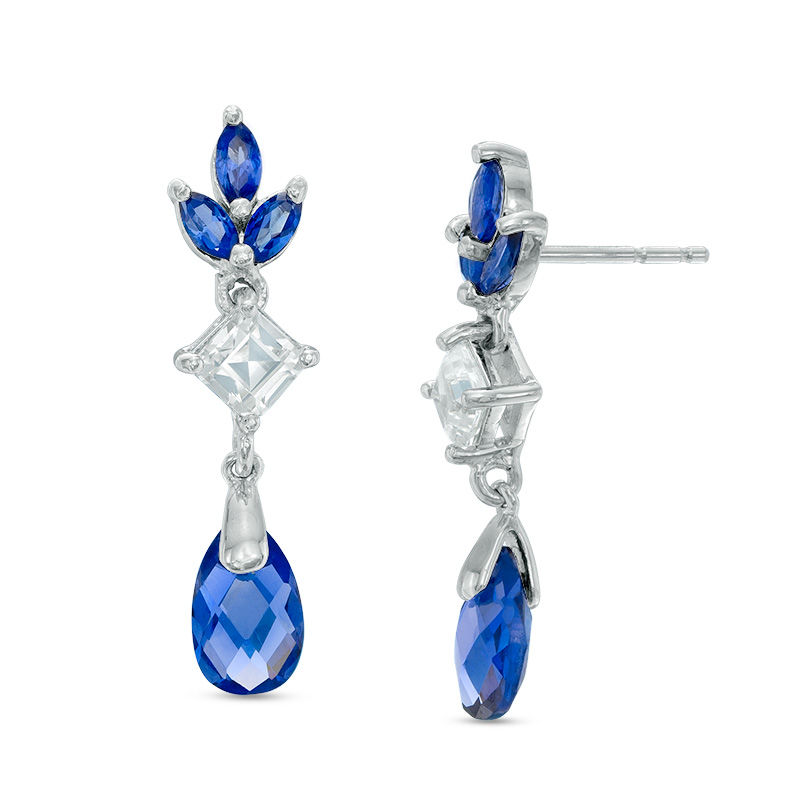Multi-Shaped Lab-Created Blue and White Sapphire Floral Drop Earrings in Sterling Silver