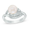 Thumbnail Image 0 of 7.5 - 8.0mm Cultured Freshwater Pearl and Lab-Created White Sapphire Leaf Ring in Sterling Silver