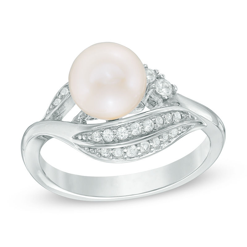 7.5 - 8.0mm Cultured Freshwater Pearl and Lab-Created White Sapphire Leaf Ring in Sterling Silver